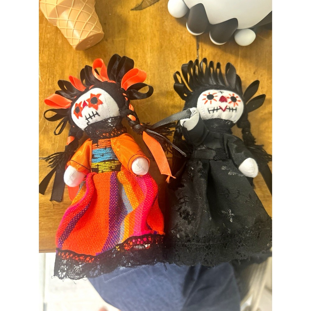 Mexican Day of the Dead Cloth Rag Doll Pair Sugar Skull Faces Orange/Black